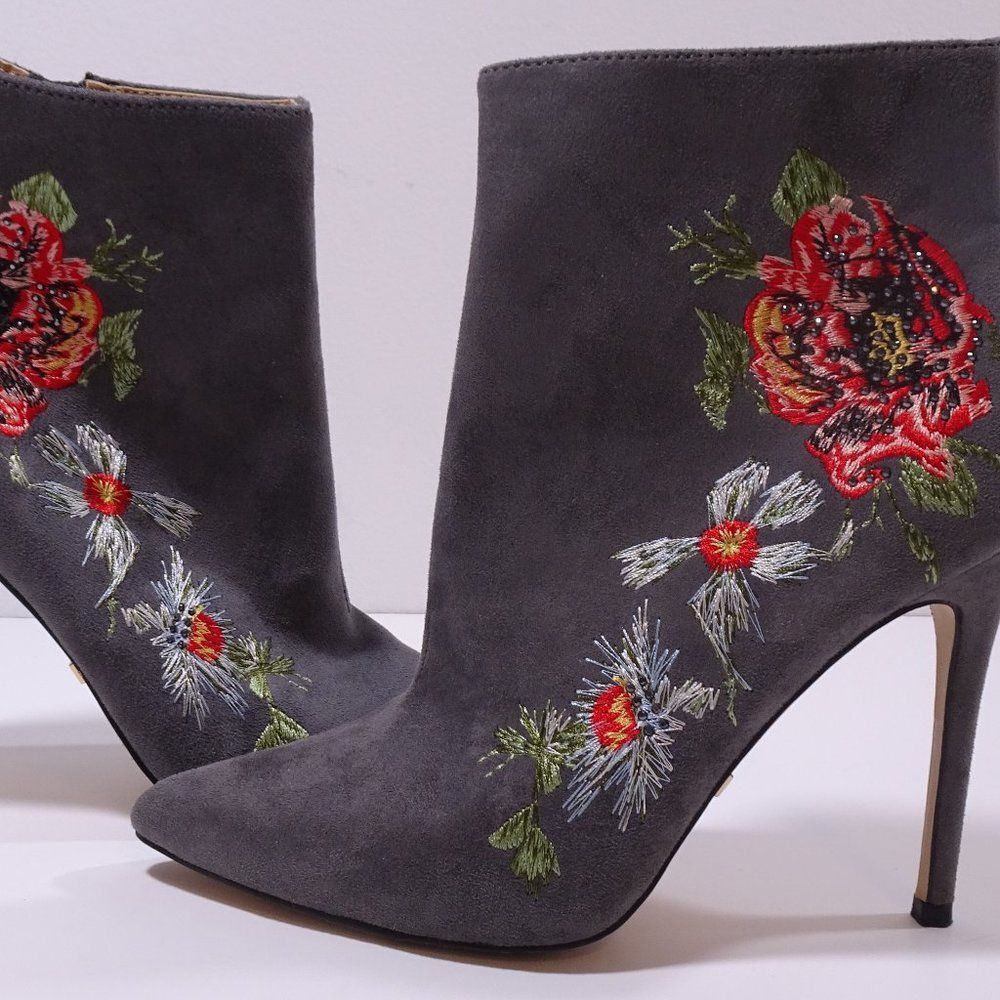 Embroidered Gray Suede High-Heel Ankle Boots